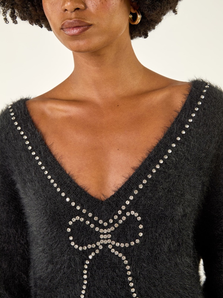 Roman Black Fluffy Embellished Bow Knit Jumper - Image 5 of 5 Roman Black Fluffy Embellished Bow Knit Jumper - Image 5 of 5