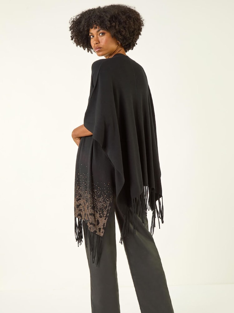 Roman Black Tassle Hotfix Trim Knit Poncho - Image 1 of 5 Roman Black Tassle Hotfix Trim Knit Poncho - Image 1 of 5