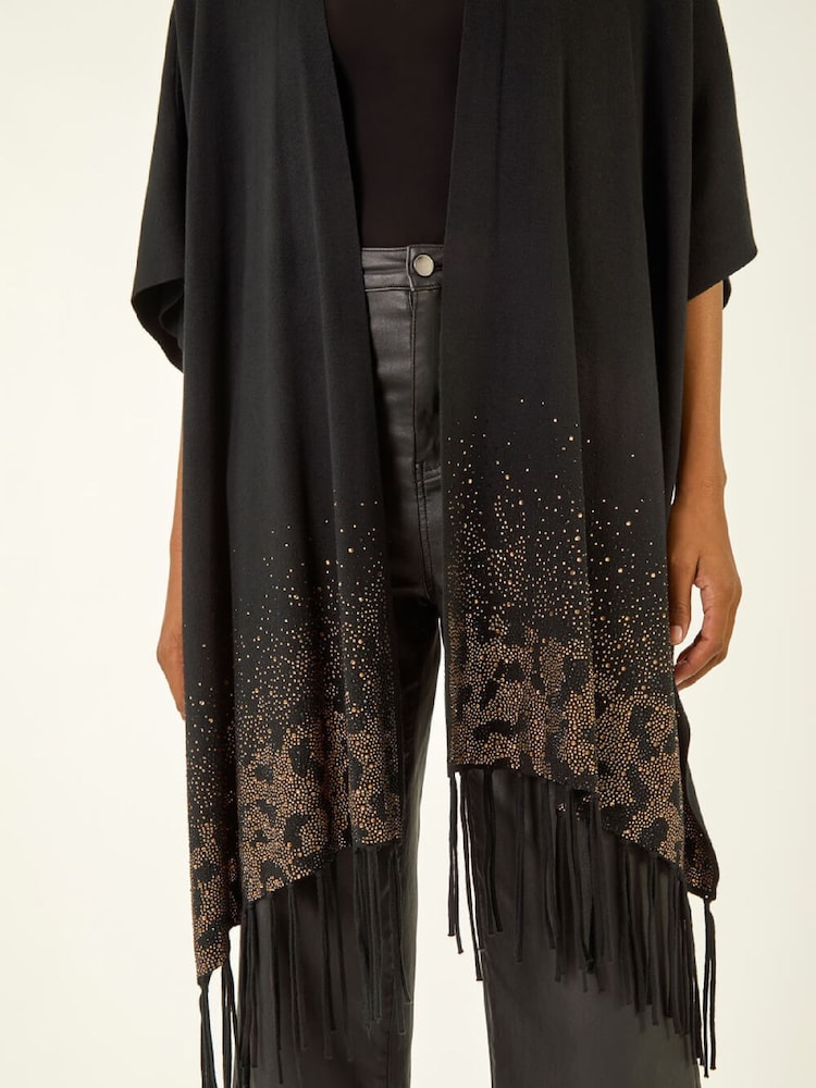 Roman Black Tassle Hotfix Trim Knit Poncho - Image 5 of 5 Roman Black Tassle Hotfix Trim Knit Poncho - Image 5 of 5