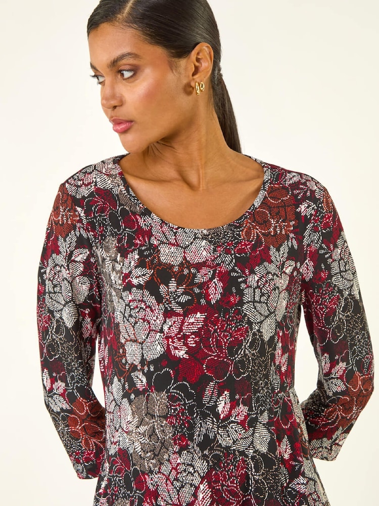 Roman Red Floral Puff Print Hanky Hem Tunic Top - Image 1 of 5 Roman Red Floral Puff Print Hanky Hem Tunic Top - Image 1 of 5