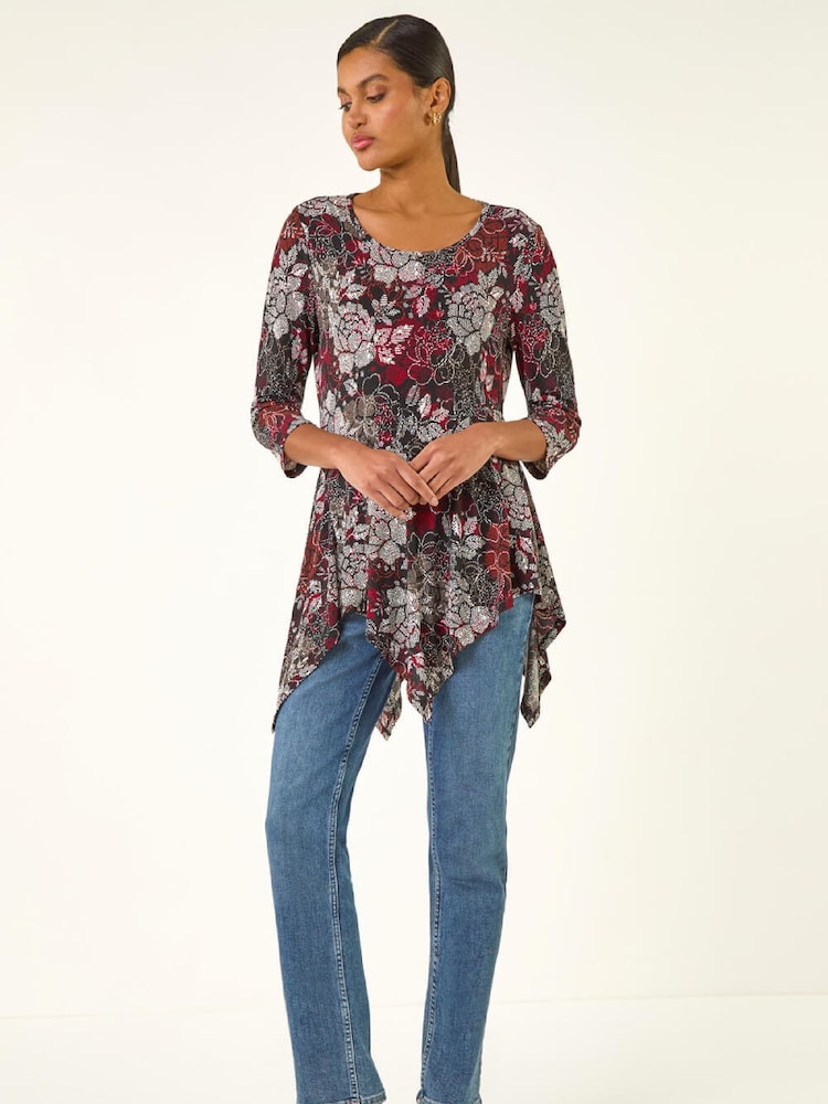 Roman Red Floral Puff Print Hanky Hem Tunic Top - Image 2 of 5 Roman Red Floral Puff Print Hanky Hem Tunic Top - Image 2 of 5
