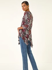 Roman Red Floral Puff Print Hanky Hem Tunic Top - Image 3 of 5