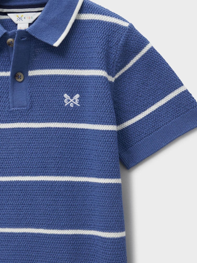 Crew Clothing Blue Piqué Stripe Knitted Cotton Polo Shirt - Image 3 of 3 Crew Clothing Blue Piqué Stripe Knitted Cotton Polo Shirt - Image 3 of 3