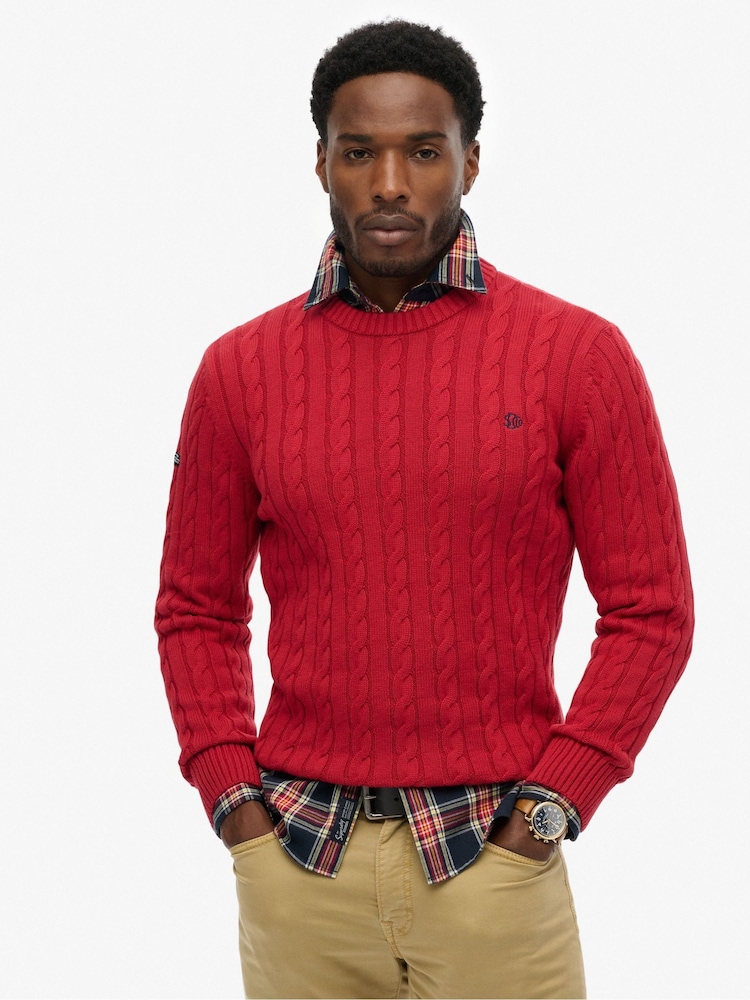 Superdry Red Cotton Cable Knit Crew Jumper - Image 1 of 5