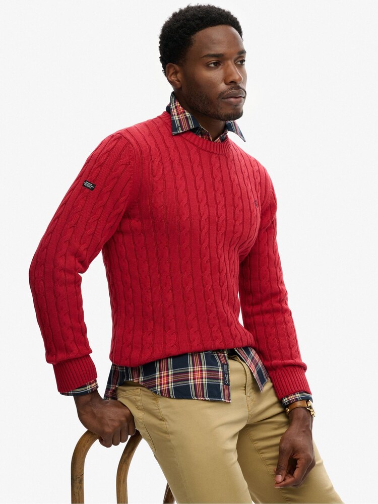 Superdry Red Cotton Cable Knit Crew Jumper - Image 2 of 5
