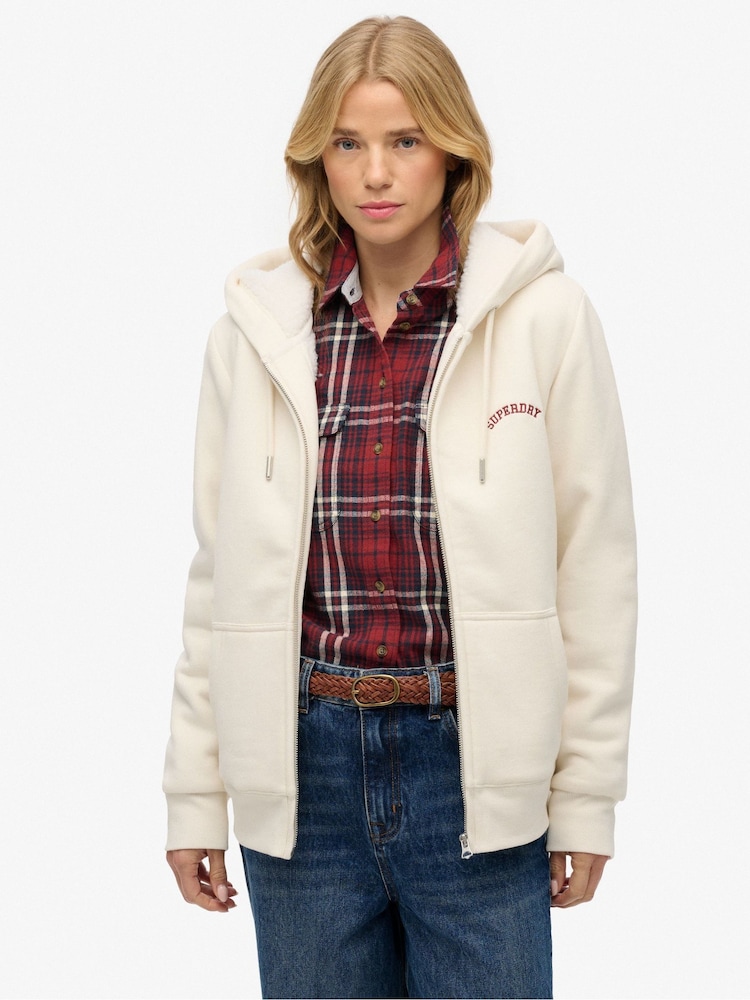 Superdry White Borg Lined Zip Hoodie - Image 1 of 6