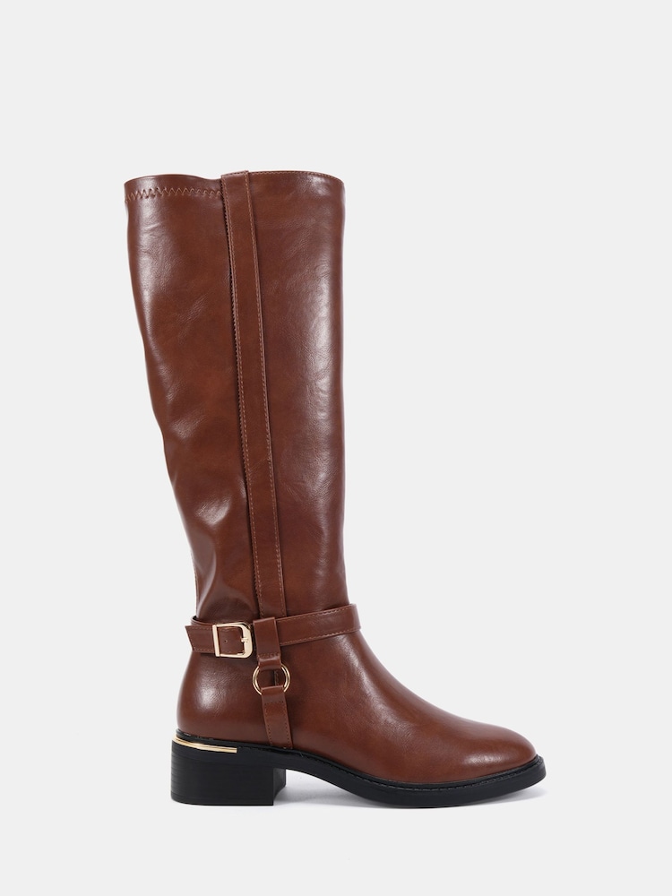 Novo Brown Goa Buckle Ring Detail Knee High Stretch Boots - Image 2 of 6