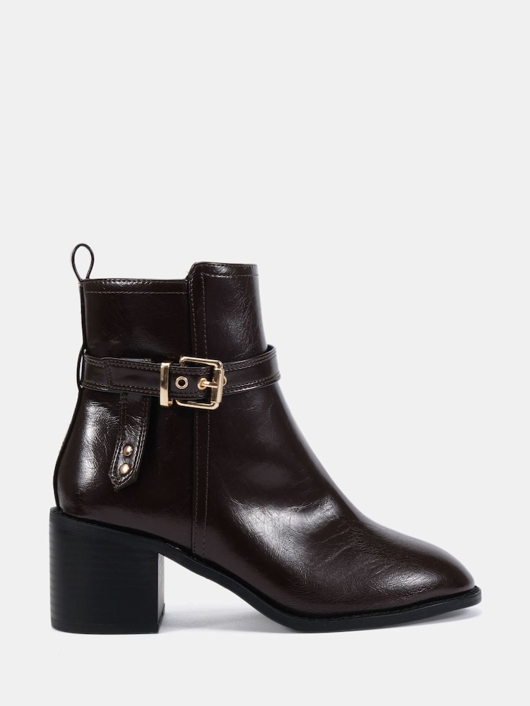 Novo Brown Wide Fit Jasmine Round Toe Block Heel Buckle Detail Ankle Boots - Image 2 of 6 Novo Brown Wide Fit Jasmine Round Toe Block Heel Buckle Detail Ankle Boots - Image 2 of 6