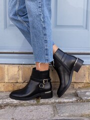 Novo Black Wide Fit Dora Buckle Ring Detail Flat Ankle Boots - Image 1 of 6