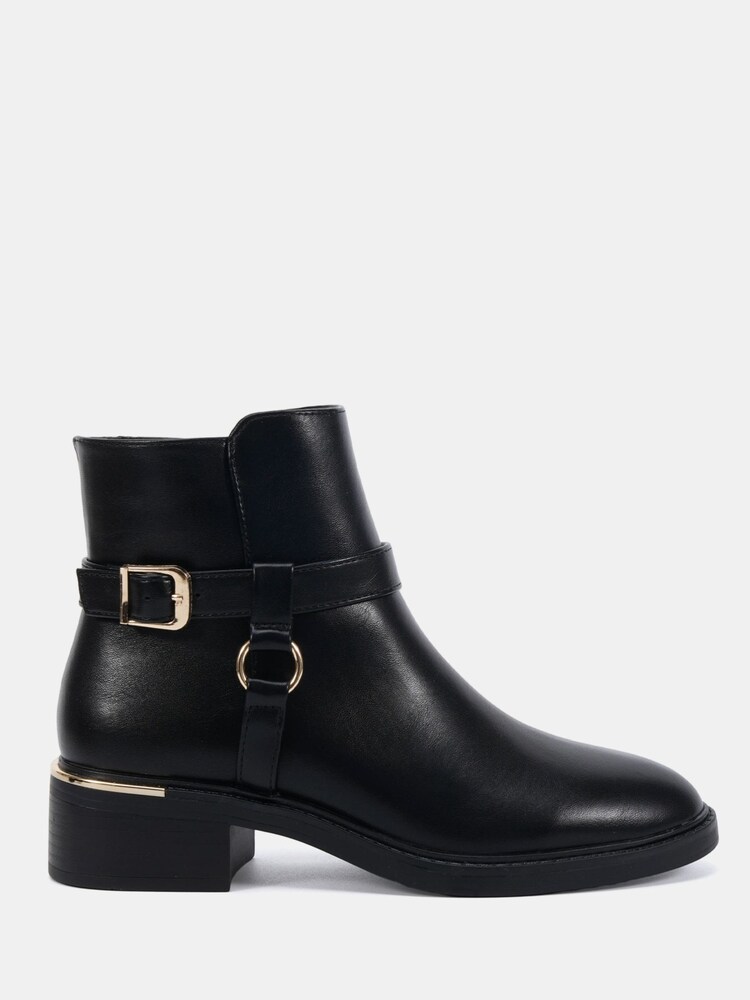Novo Black Wide Fit Dora Buckle Ring Detail Flat Ankle Boots - Image 2 of 6