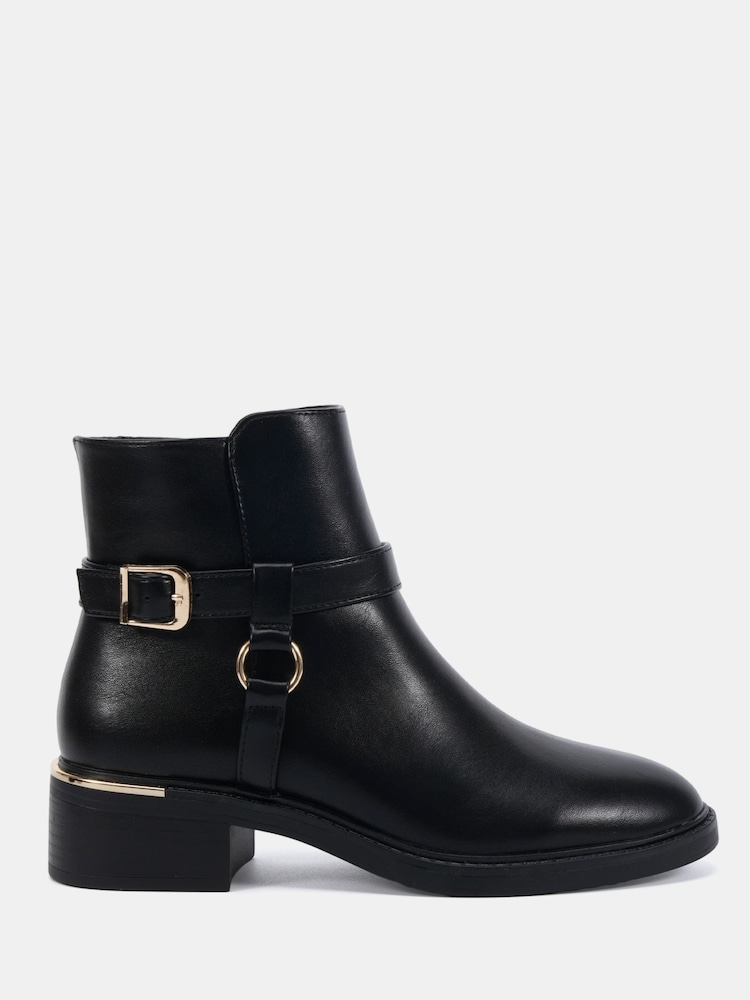 Novo Black Wide Fit Dora Buckle Ring Detail Flat Ankle Boots - Image 2 of 6 Novo Black Wide Fit Dora Buckle Ring Detail Flat Ankle Boots - Image 2 of 6