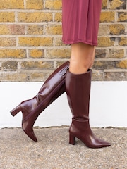 Novo Red Wide Fit Gala Point Toe Block Heel Knee Boots - Image 1 of 5