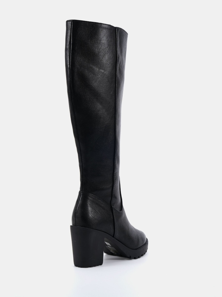 Novo Black Wide Fit Genie Block Heel Cleated Unit Stretch Knee Boots - Image 2 of 6