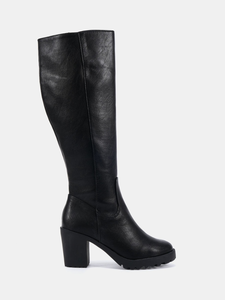 Novo Black Wide Fit Genie Block Heel Cleated Unit Stretch Knee Boots - Image 6 of 6