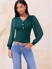 Lipsy Teal Blue Scallop Button Detail V-Neck Chiffon Sleeve Knitted Top - Image 1 of 4