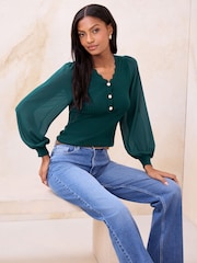 Lipsy Teal Blue Scallop Button Detail V-Neck Chiffon Sleeve Knitted Top - Image 3 of 4