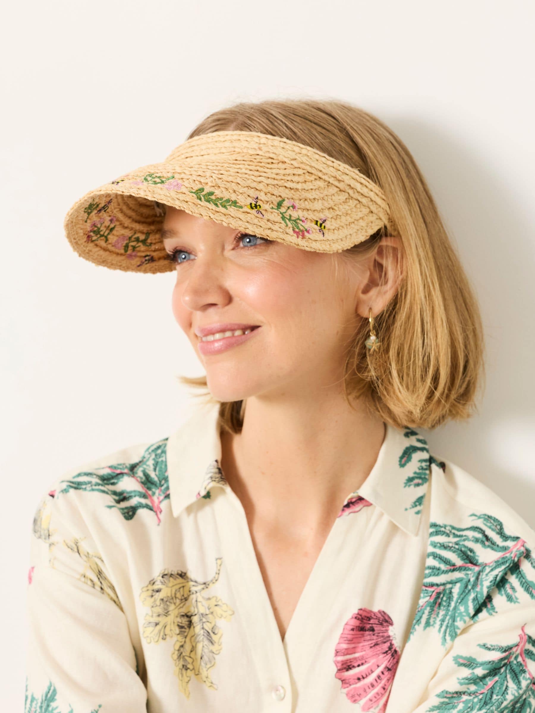 Fat Face Women - Straw Visor - Raffia - Floral Bee Embroidery - Natural