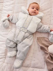 Baker by Ted Baker Cream Shower Resistant Fur Mix Padded Snowsuit - Image 1 of 14