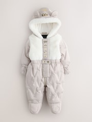 Baker by Ted Baker Cream Shower Resistant Fur Mix Padded Snowsuit - Image 5 of 14