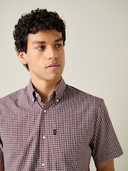 Burgundy Red Mini Check Regular Fit Easy Iron Button Down Short Sleeve Oxford Shirt - Image 1 of 8