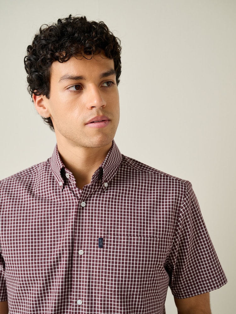 Burgundy Red Mini Check Regular Fit Easy Iron Button Down Short Sleeve Oxford Shirt - Image 1 of 8