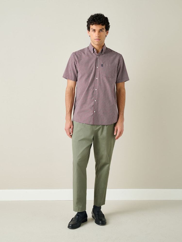 Burgundy Red Mini Check Regular Fit Easy Iron Button Down Short Sleeve Oxford Shirt - Image 2 of 8