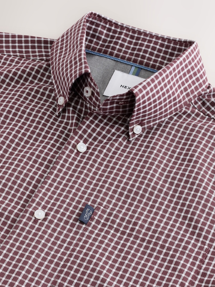 Burgundy Red Mini Check Regular Fit Easy Iron Button Down Short Sleeve Oxford Shirt - Image 8 of 8