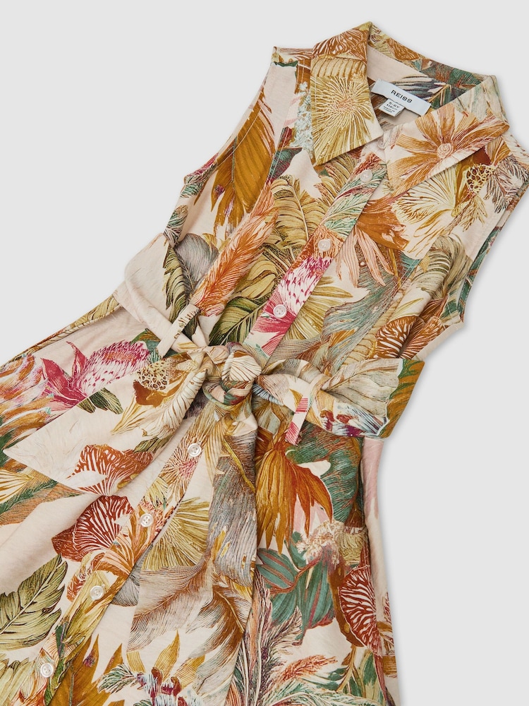 Reiss Neutral Morgan 13-14 yrs Floral-Print Belted Shirt Dress - Image 1 of 3