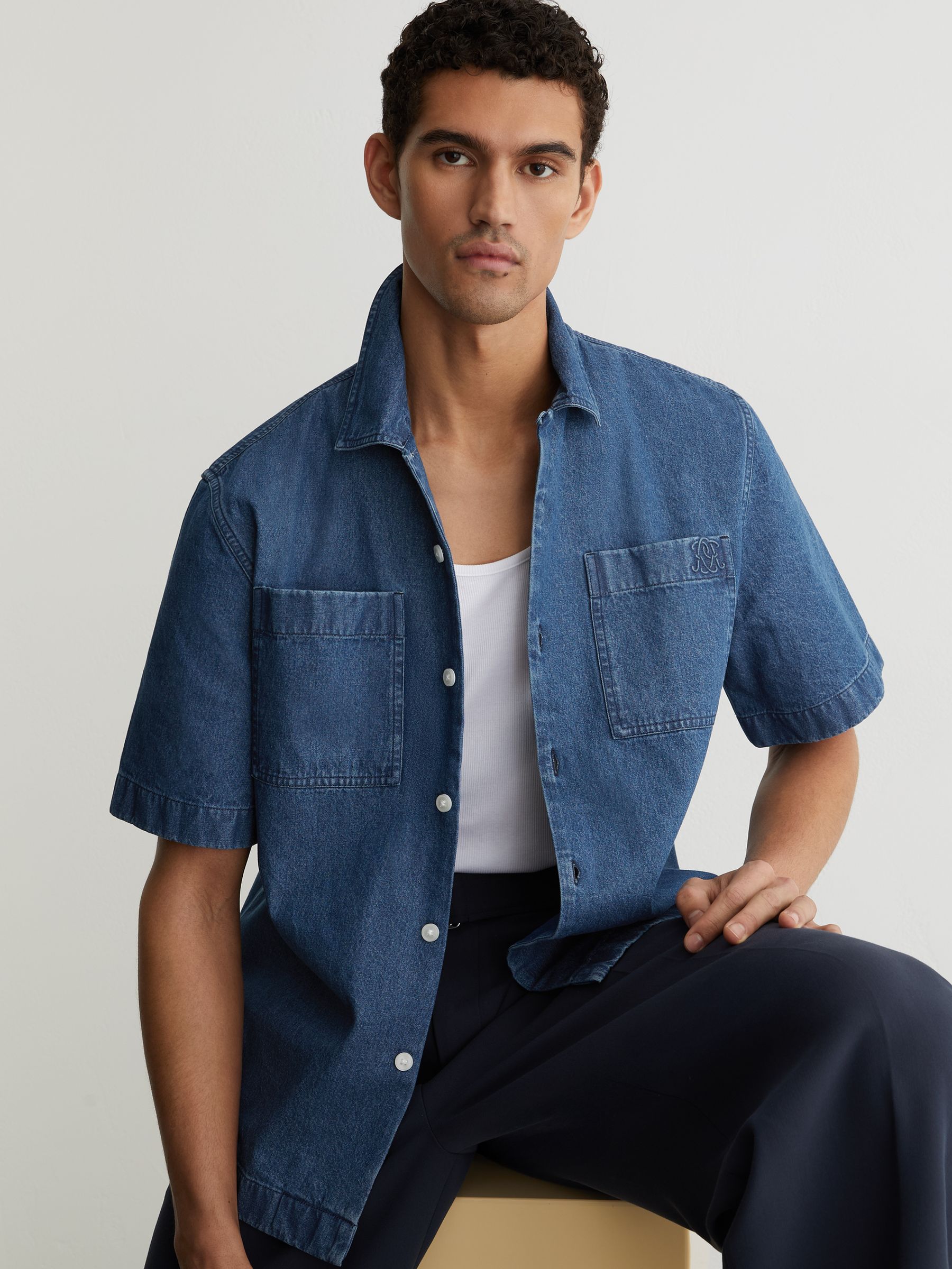 Buy Reiss Mid Blue Mendel Monogram-Embossed Relaxed Denim Shirt