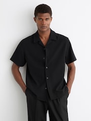 Reiss Black Cedric Textured Cuban-Collar Shirt - Image 1 of 6