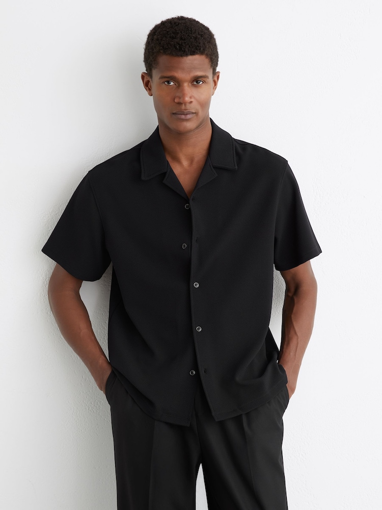 Reiss Black Cedric Textured Cuban-Collar Shirt - Image 1 of 6