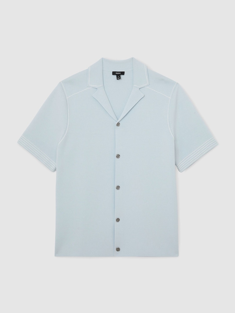 Reiss Soft Blue Wandsworth Stitch-Detail Cuban-Collar Knit Shirt - Image 2 of 6 Reiss Soft Blue Wandsworth Stitch-Detail Cuban-Collar Knit Shirt - Image 2 of 6