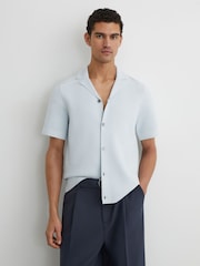 Reiss Soft Blue Wandsworth Stitch-Detail Cuban-Collar Knit Shirt - Image 4 of 6