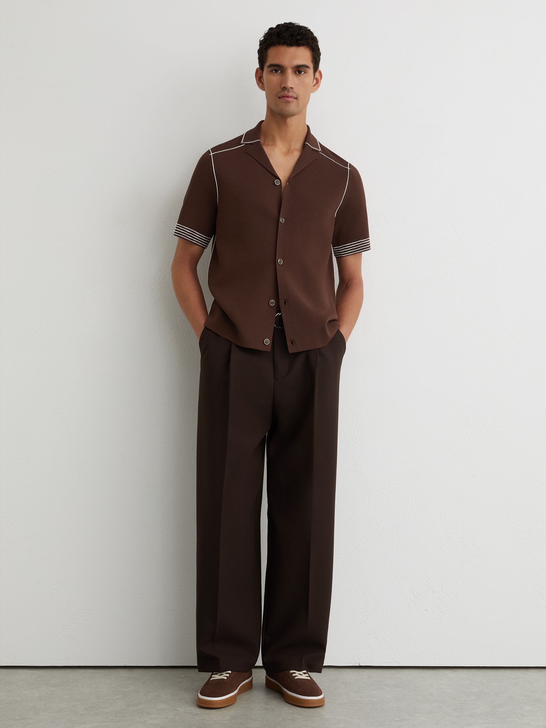 Buy Reiss Tobacco Brown Wandsworth Stitch-Detail Cuban-Collar Knit