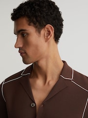 Reiss Tobacco Brown Wandsworth Stitch-Detail Cuban-Collar Knit Shirt - Image 4 of 6