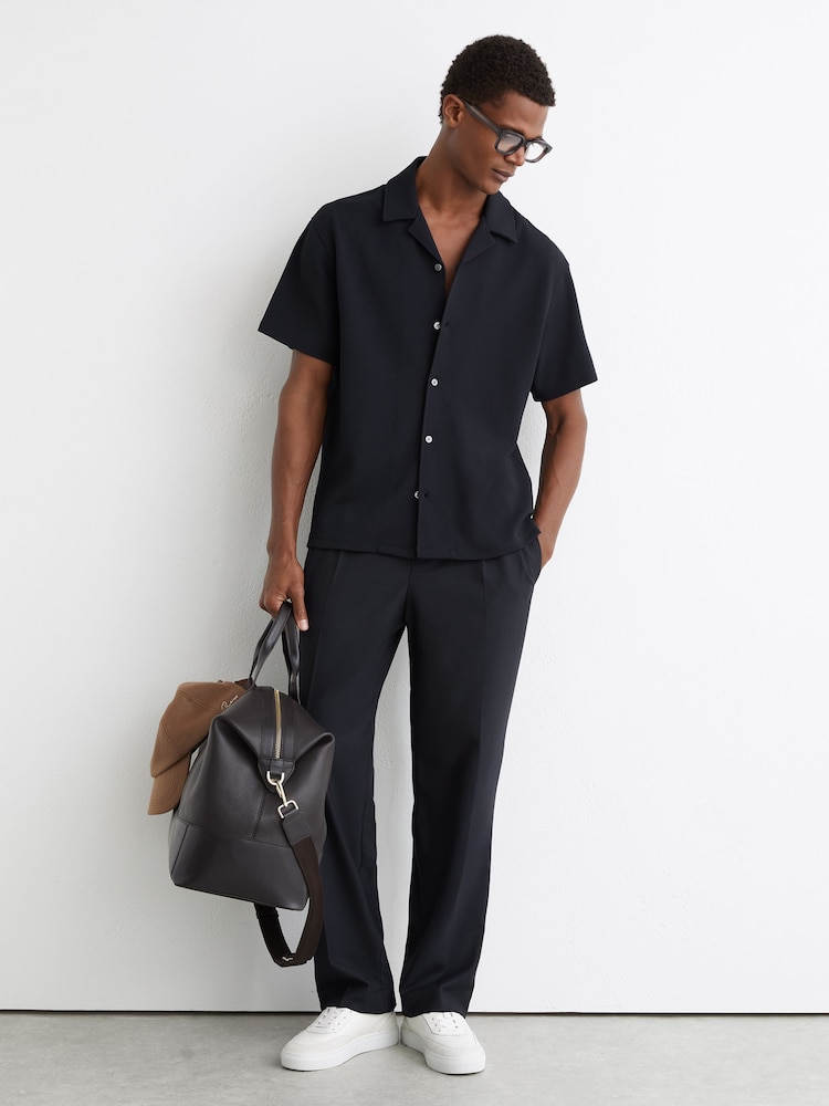 Reiss Navy Cedric Textured Cuban-Collar Shirt - Image 1 of 7