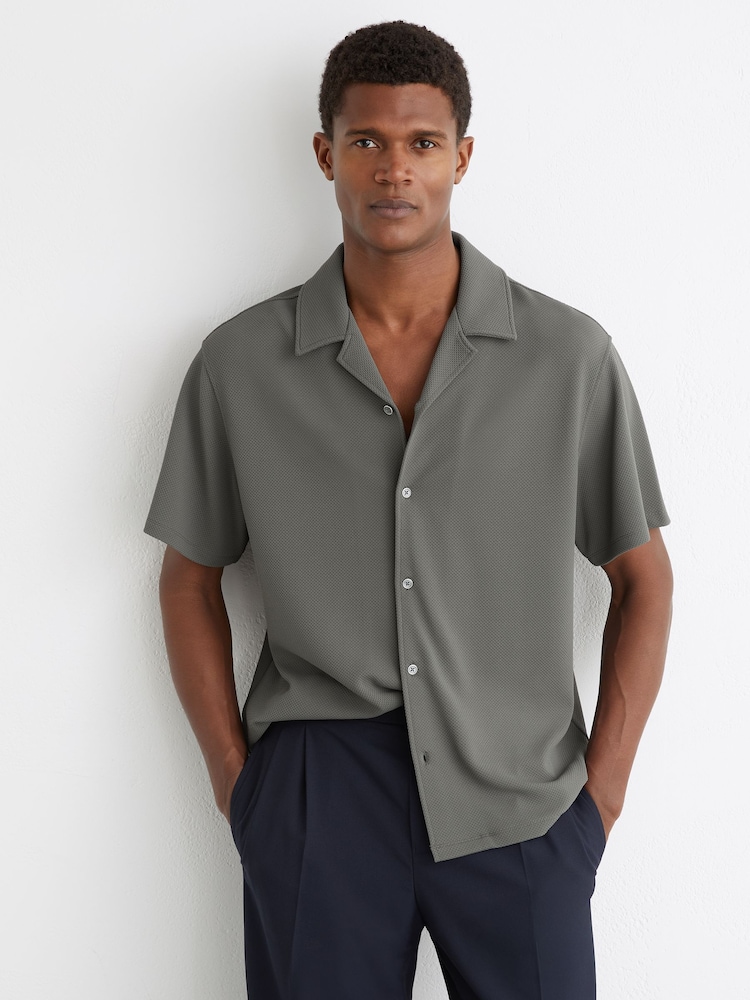 Reiss Sage Green Cedric Textured Cuban-Collar Shirt - Image 1 of 6