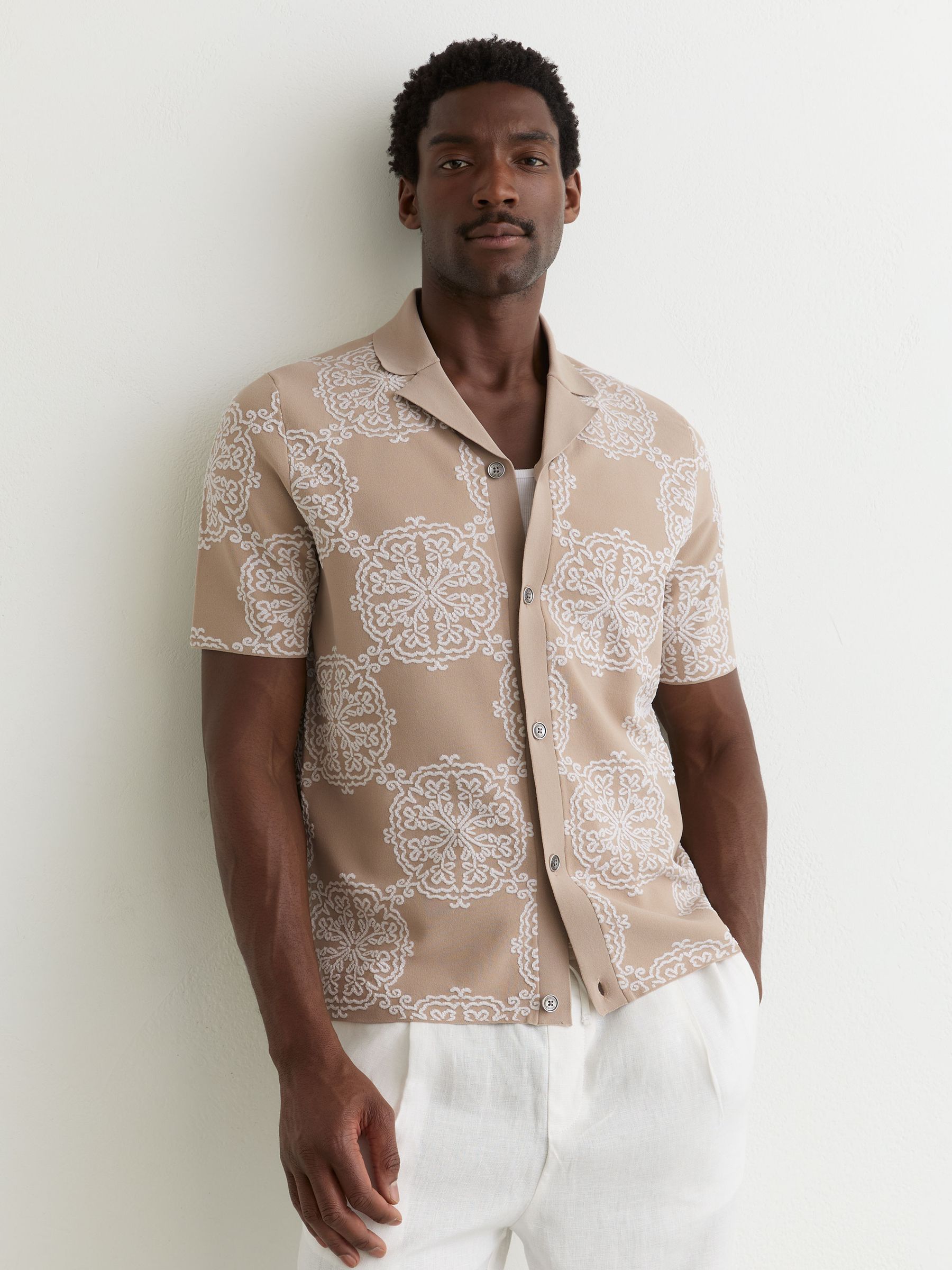 Buy Reiss Champagne/White Gabriel Jacquard Knit Cuban-Collar Shirt
