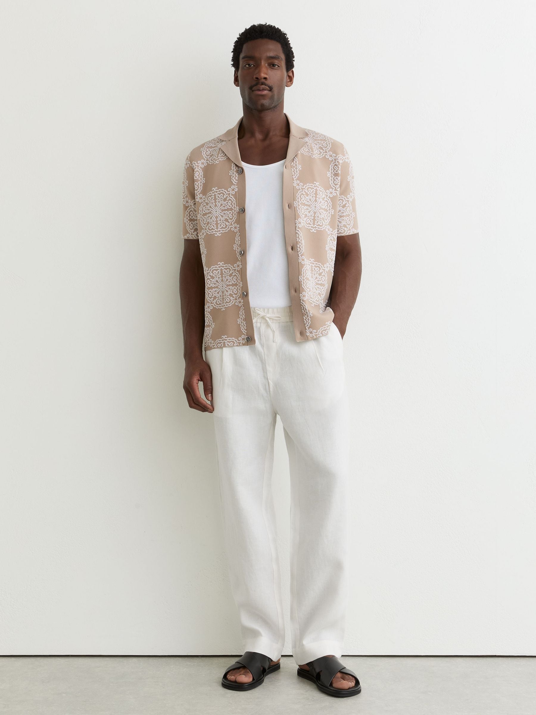 Buy Reiss Champagne/White Gabriel Jacquard Knit Cuban-Collar Shirt