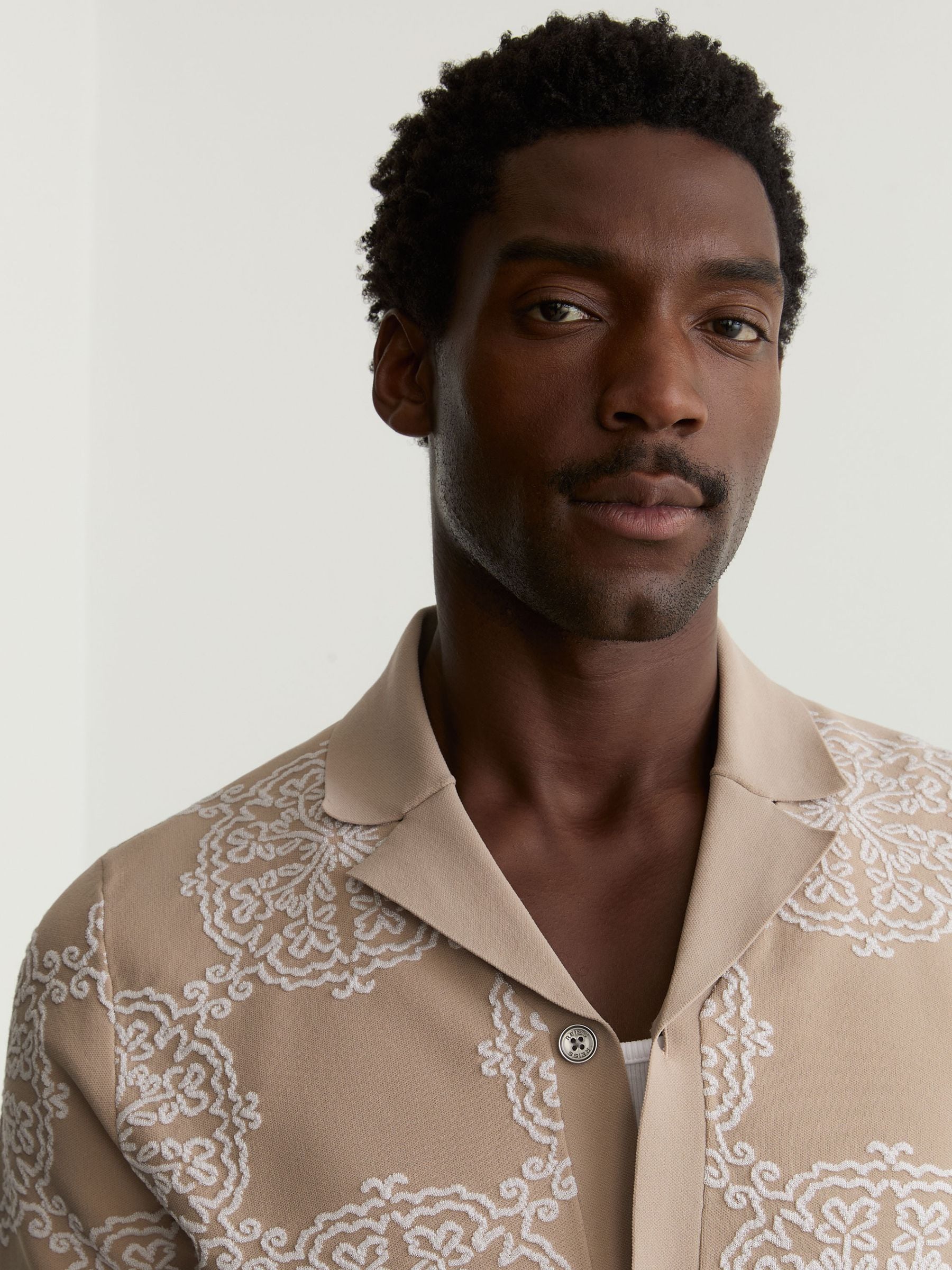 Buy Reiss Champagne/White Gabriel Jacquard Knit Cuban-Collar Shirt