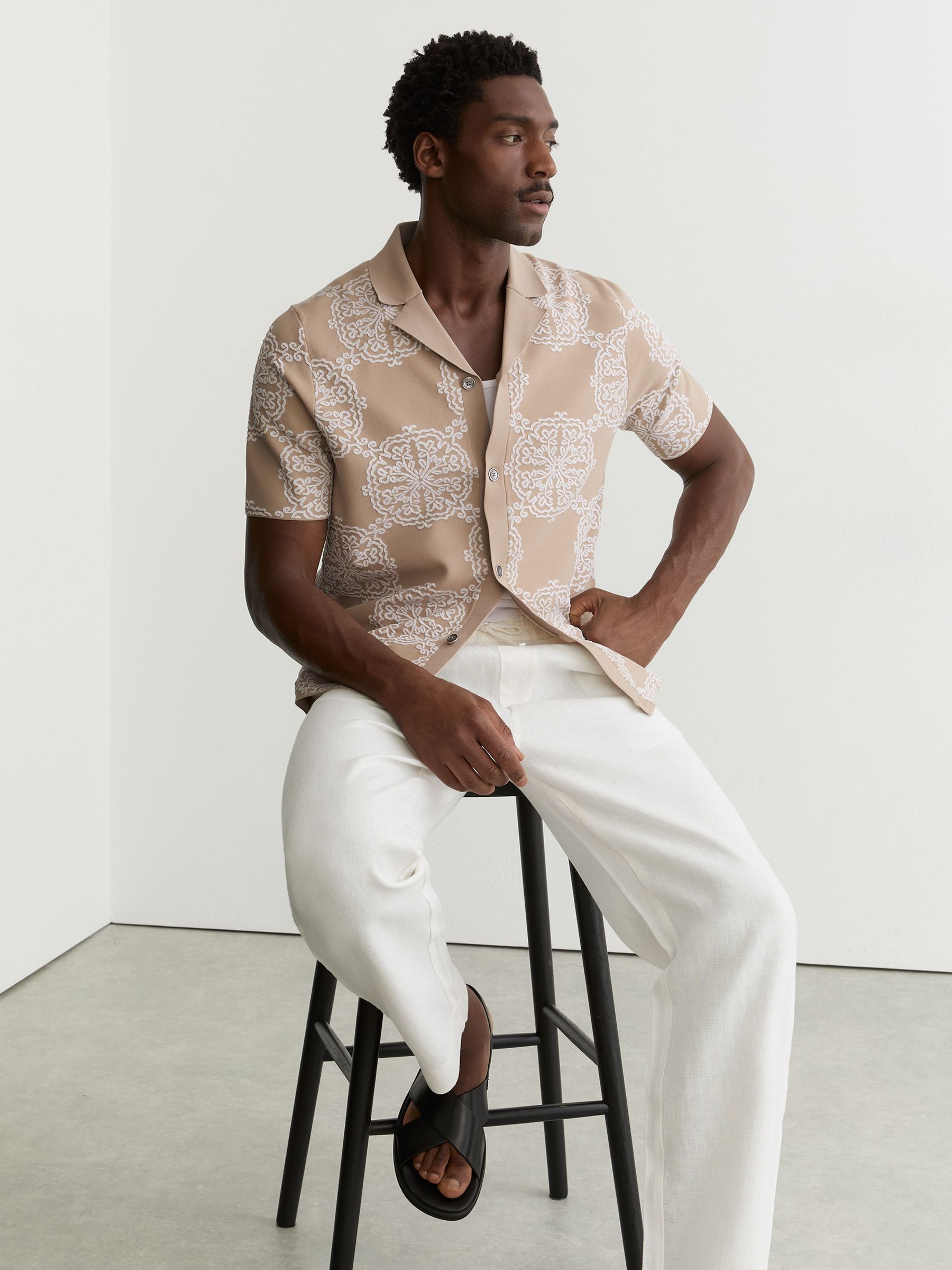 Buy Reiss Champagne/White Gabriel Jacquard Knit Cuban-Collar Shirt
