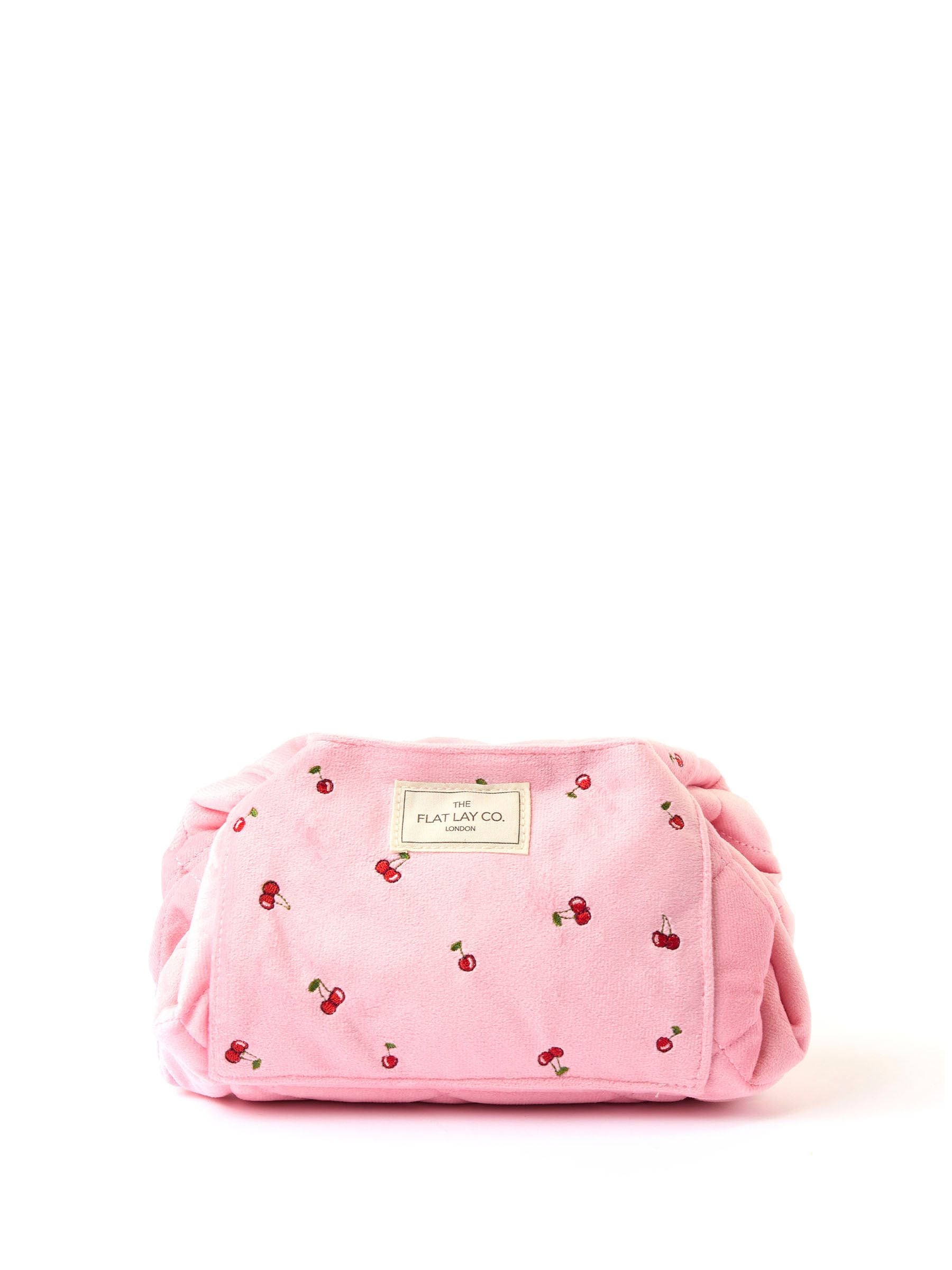The Flat Lay Co. Unisex Ditsy Cherries Embroidered Velvet Open Flat Drawstring Makeup Bag