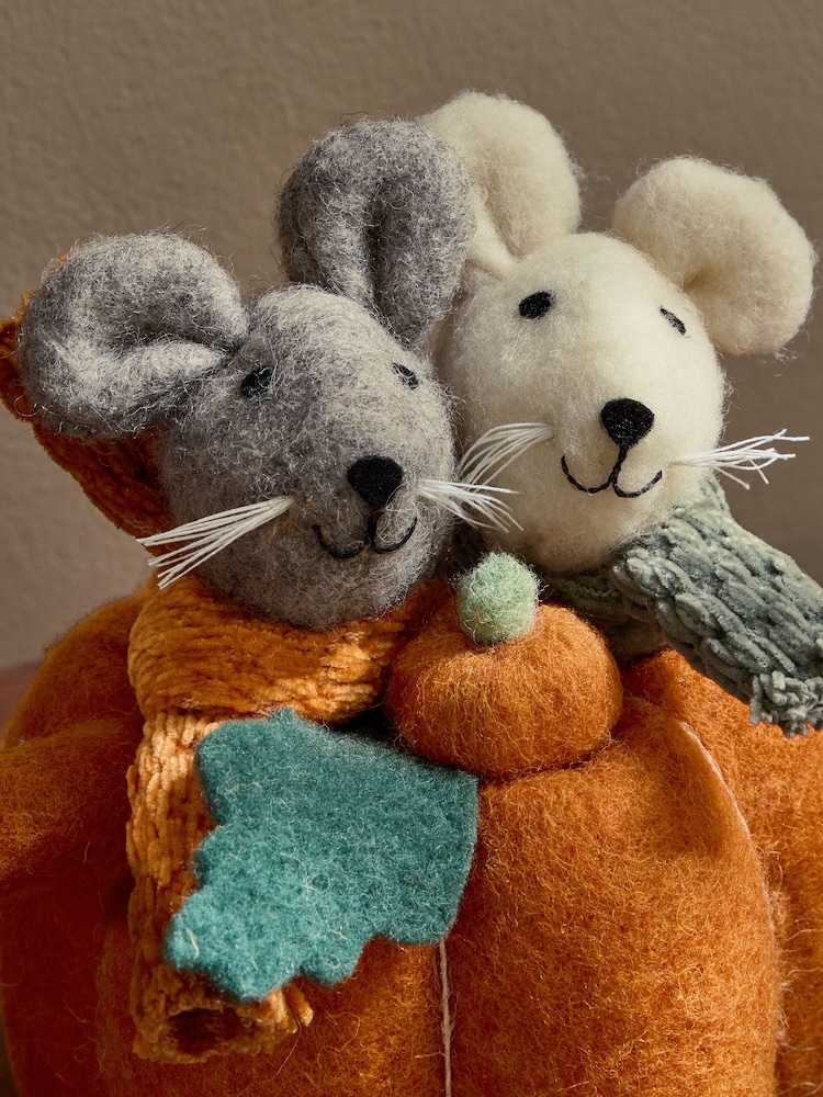 Orange Martha and Morris the Mice Felted Autumn Pumpkin Decoration - Image 2 of 3 Orange Martha and Morris the Mice Felted Autumn Pumpkin Decoration - Image 2 of 3