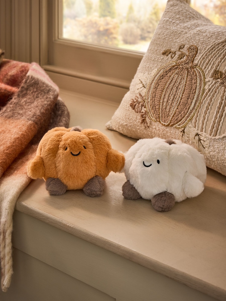 Set of 2 Orange/White Pumpkin Plush Room Decoration - Image 1 of 4 Set of 2 Orange/White Pumpkin Plush Room Decoration - Image 1 of 4
