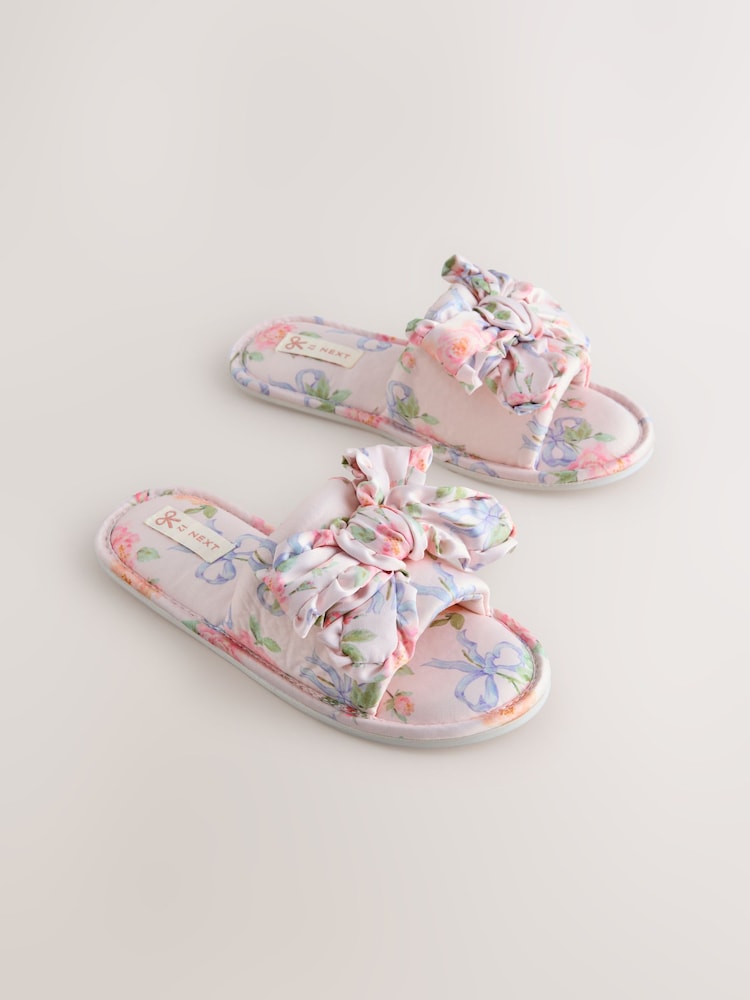 Pink Floral Satin Slider Slippers - Image 1 of 5
