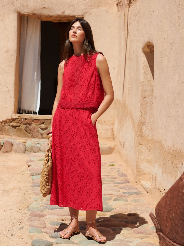 Love & Roses Red Broderie Midi Skirt - Image 1 of 4