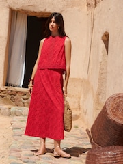 Love & Roses Red Broderie Midi Skirt - Image 4 of 4