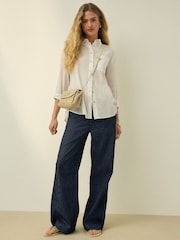 Indigo Blue N. Premium Wide Leg Linen Blend Tailored Jeans - Image 1 of 6