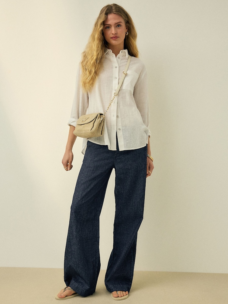 Indigo Blue N. Premium Wide Leg Linen Blend Tailored Jeans - Image 1 of 6