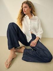Indigo Blue N. Premium Wide Leg Linen Blend Tailored Jeans - Image 3 of 6